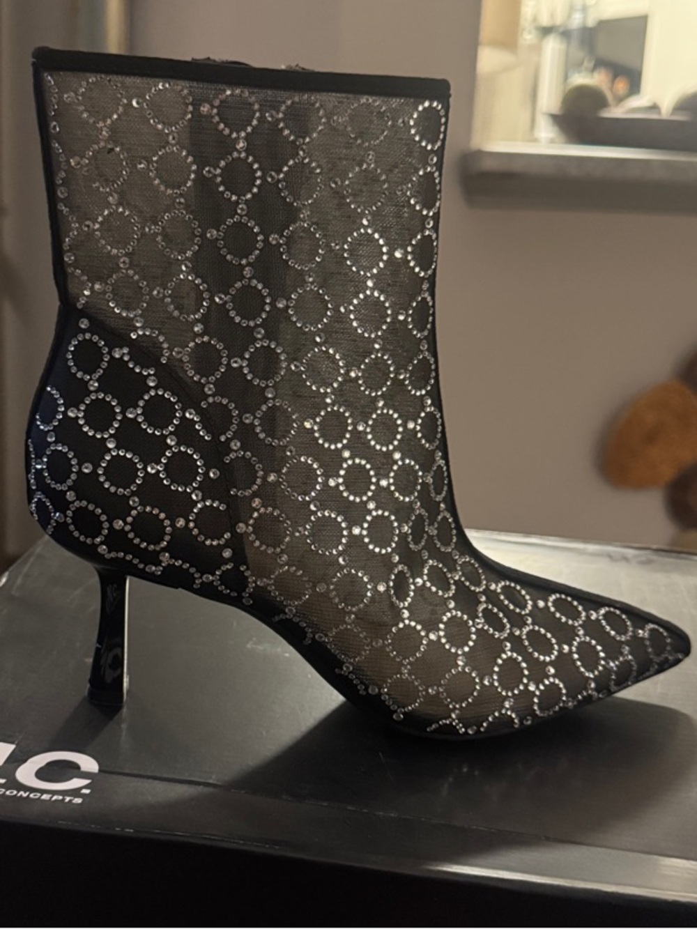 🔥INC International Concepts Black Mesh Ankle Boots with Silver Studded Circles